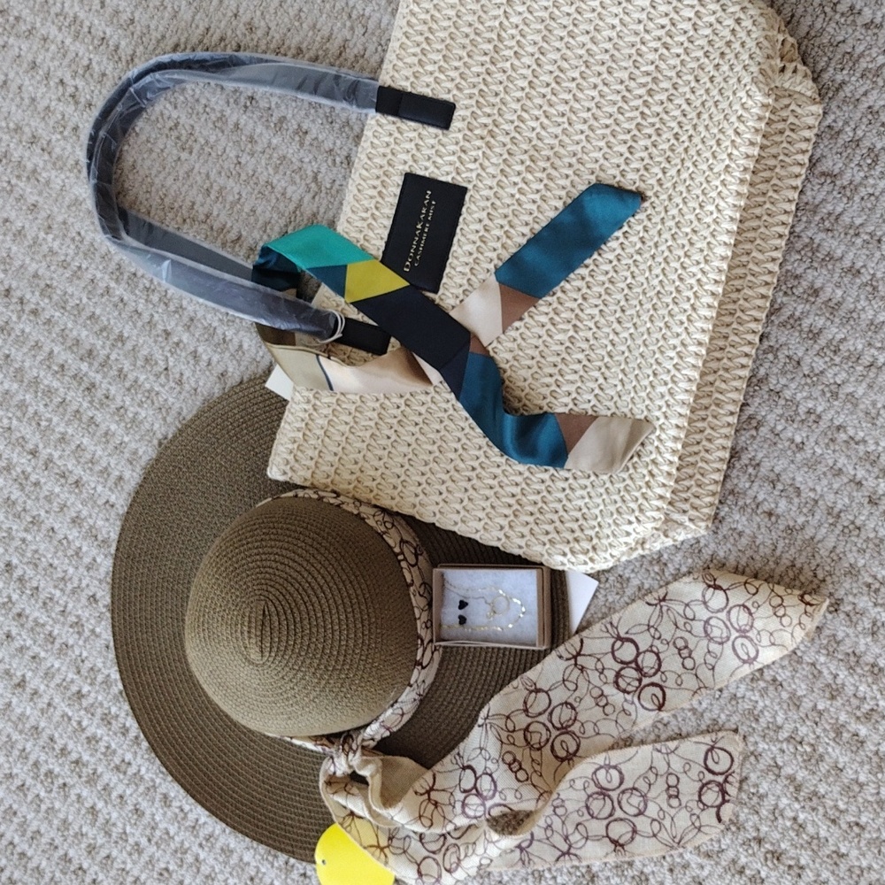 Tote Bag,  Straw Hat And Jewelry Bundle